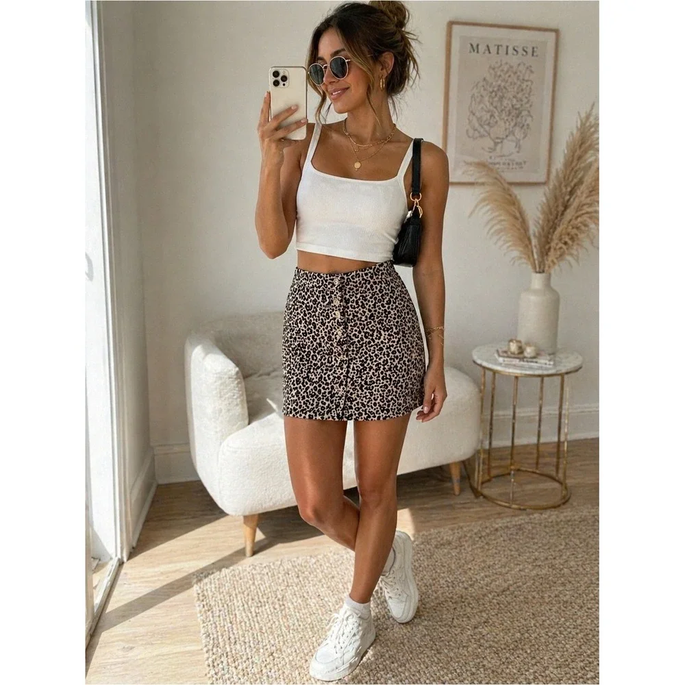 Leopard Button-Front Mini Skirt -‎ Size Medium